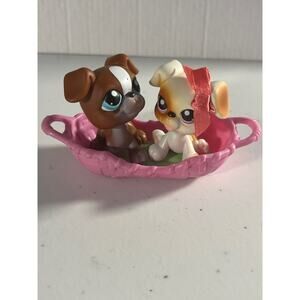 Littlest Pet Shop LPS Pet Pair Puppy Dog Boxers #83 & #84 Basket Complete Set